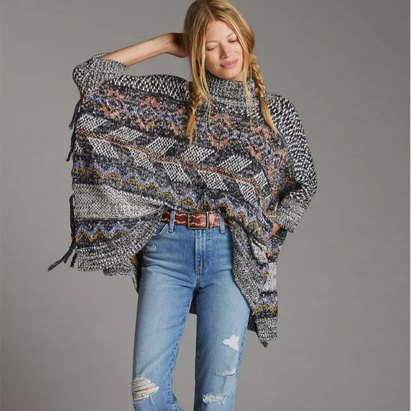 Anthropologie Sweaters - Anthropologie Pilcro Magda Boho Knit Turtle Cowl Neck Fringe Sweater Poncho S-L
